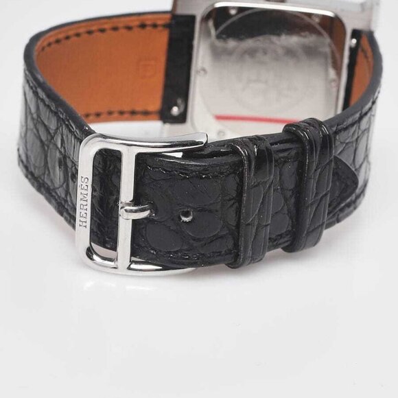 Hermes Palladium Plated and Diamond Black Alligator Heure H Small Quartz Watch - Picture 4 of 7
